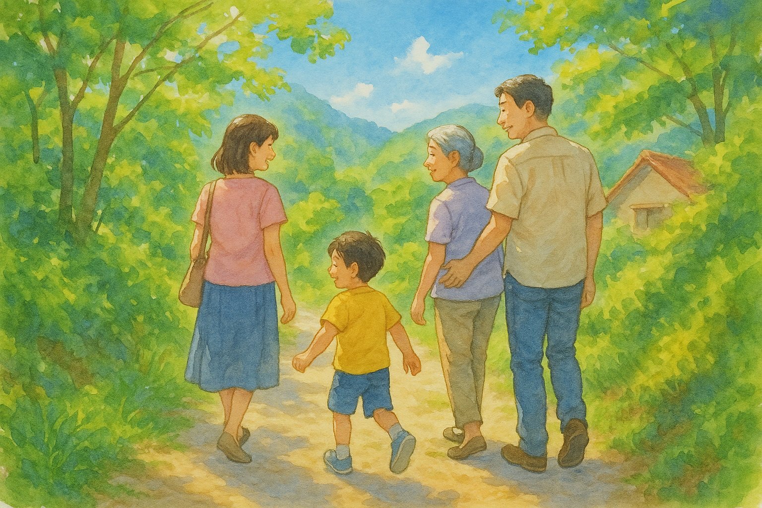 お参りの帰り道を話しながら歩く家族