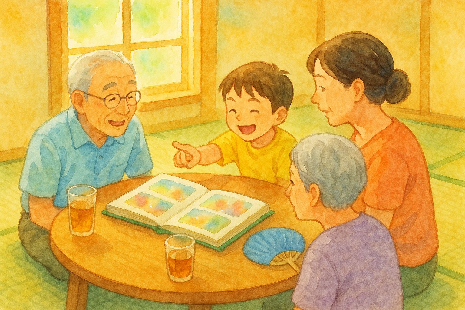 居間で古い写真を囲んで語り合う家族
