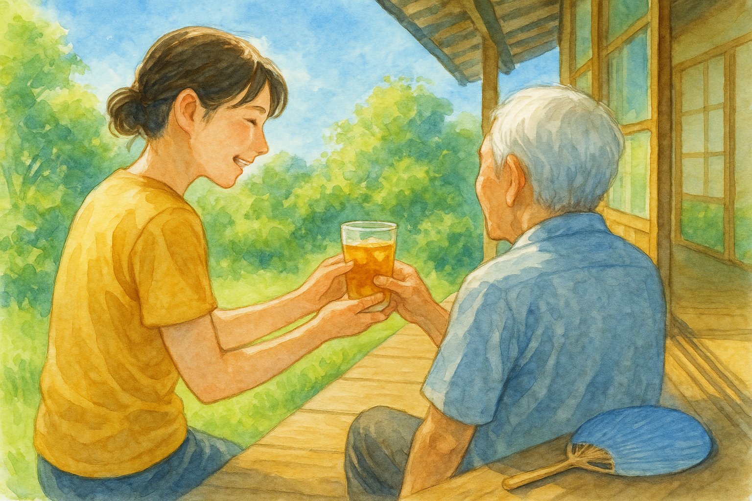 縁側でお茶を差し出しねぎらう家族