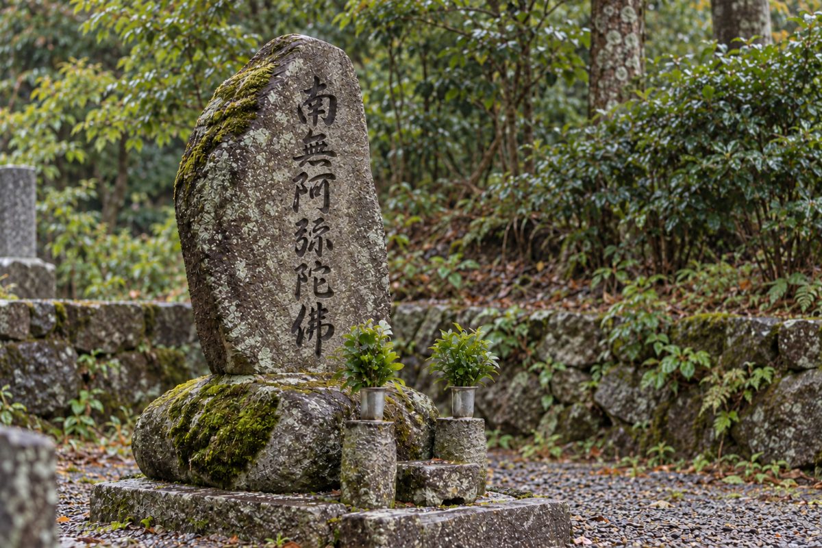 自然石のお墓のイメージ｜上端と台石に苔を残しつつ、文字は読める状態に保たれた自然石の墓石