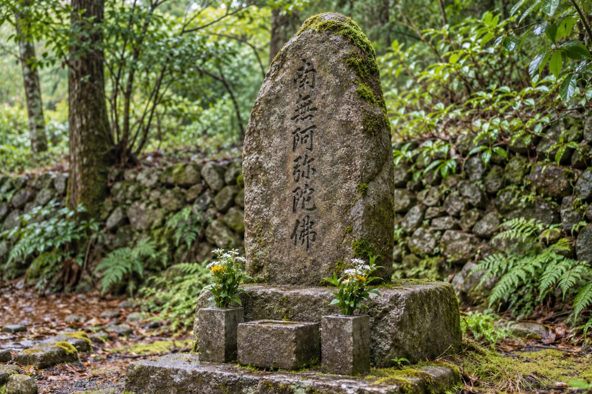 自然石のお墓のイメージ｜シダと苔に囲まれ、自然の中になじんだ自然石の墓石
